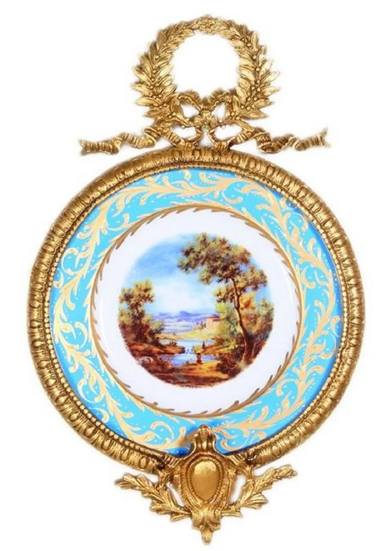 Casa Padrino Barock Keramik Wandbild mit verziertem Rahmen Mehrfarbig / Hellblau / Gold 28 cm - Barock Wanddeko