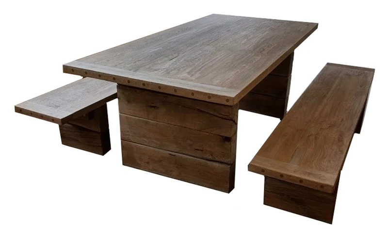 Casa Padrino Gartenmöbel Set Rustikal - Tisch + 2 Garten Bänke (Länge 200 cm) - Eiche Massivholz - Echtholz Möbel Massiv