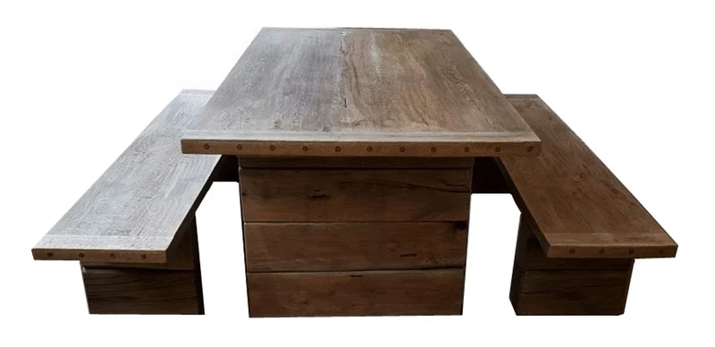 Casa Padrino Gartenmöbel Set Rustikal - Tisch + 2 Garten Bänke (Länge 200 cm) - Eiche Massivholz - Echtholz Möbel Massiv