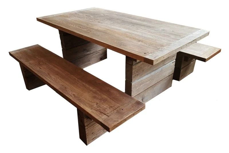 Casa Padrino Gartenmöbel Set Rustikal - Tisch + 2 Garten Bänke (Länge 200 cm) - Eiche Massivholz - Echtholz Möbel Massiv
