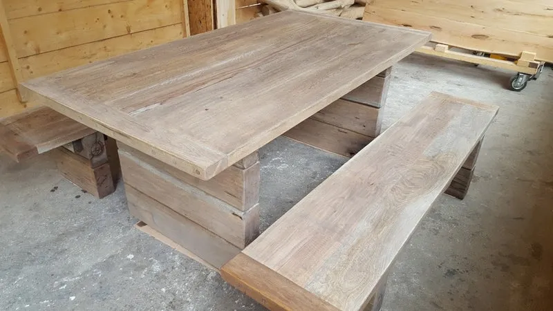 Casa Padrino Gartenmöbel Set Rustikal - Tisch + 2 Garten Bänke (Länge 200 cm) - Eiche Massivholz - Echtholz Möbel Massiv