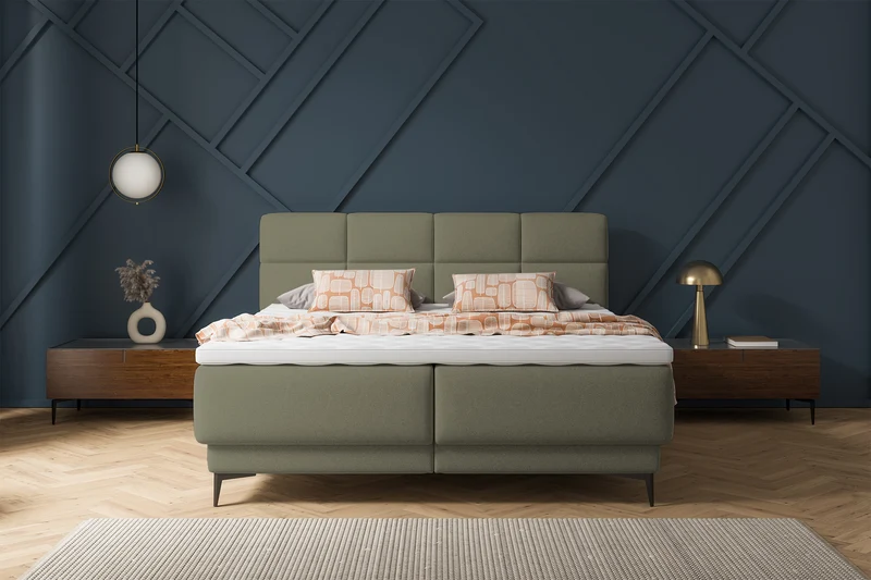 Kontinentales Bett 180x200 cm Rektango mit Stauraum und Topper, olivgrüner Samt