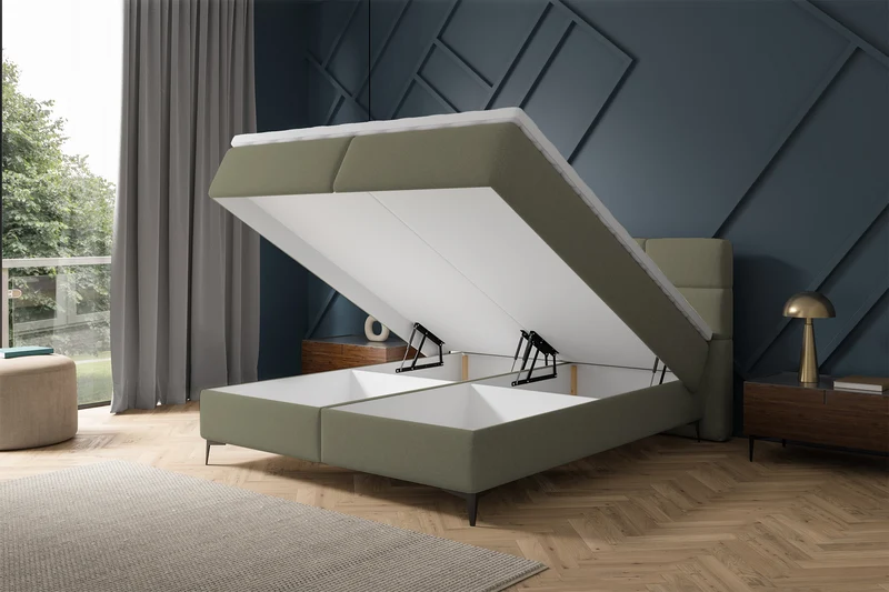Kontinentales Bett 180x200 cm Rektango mit Stauraum und Topper, olivgrüner Samt