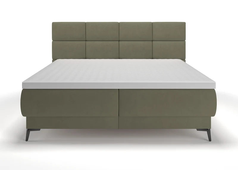 Kontinentales Bett 180x200 cm Rektango mit Stauraum und Topper, olivgrüner Samt