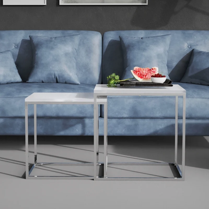 2er Set Design Beistelltisch MENTO weiss hochglanz 50cm Edelstahl