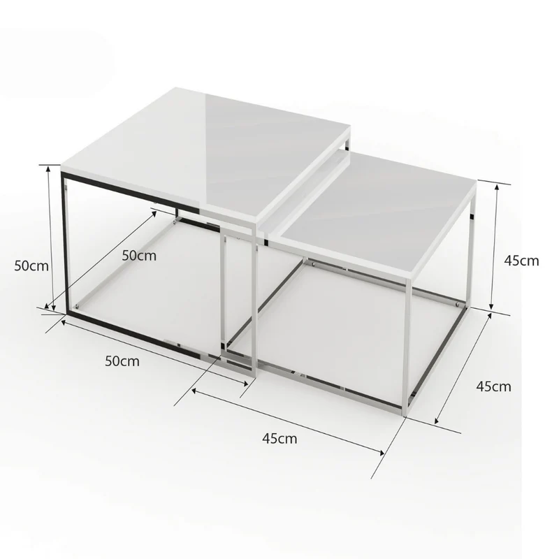 2er Set Design Beistelltisch MENTO weiss hochglanz 50cm Edelstahl