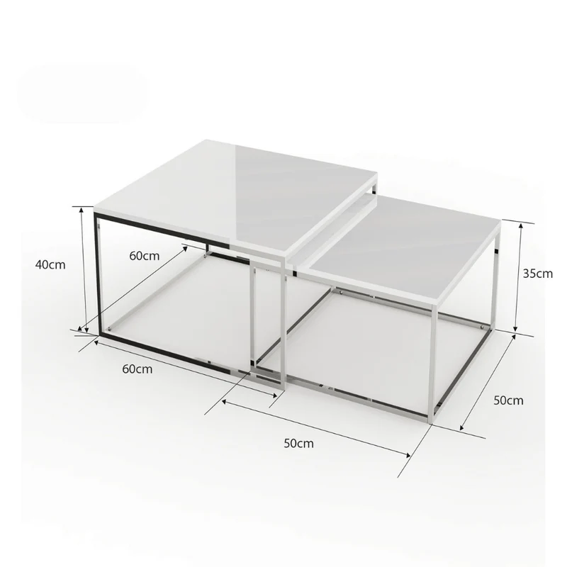 2er Set Design Couchtisch MENTO weiss hochglanz 60cm Edelstahl
