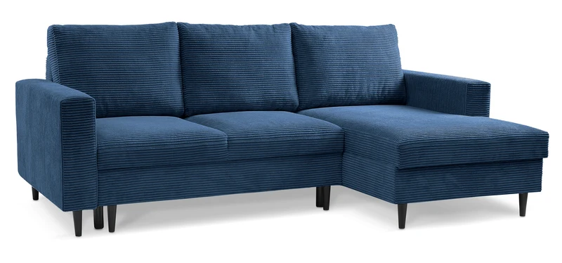 Ecksofa mit Schlaffunktion Nalika, L-förmig, mit Stauraum, marineblauer Cordstoff, rechtsseitig