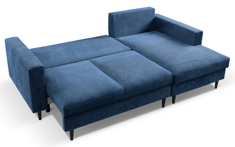 Ecksofa mit Schlaffunktion Nalika, L-förmig, mit Stauraum, marineblauer Cordstoff, rechtsseitig