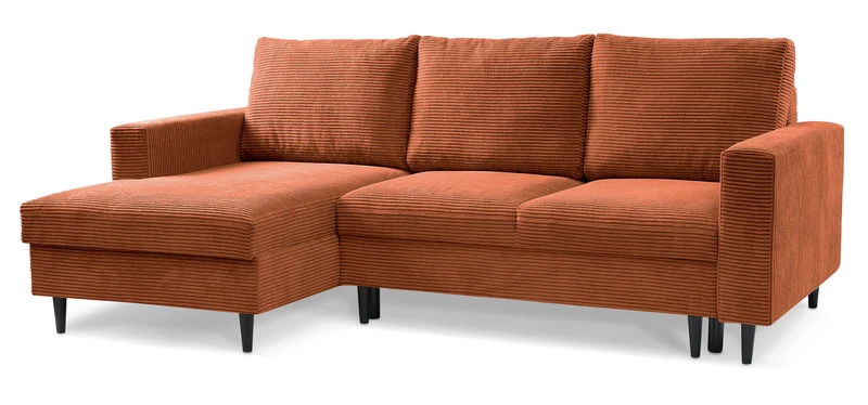 Ecksofa mit Schlafunktion Nalika, L-förmig, mit Stauraum, kupferfarbener Cord, linke Seite
