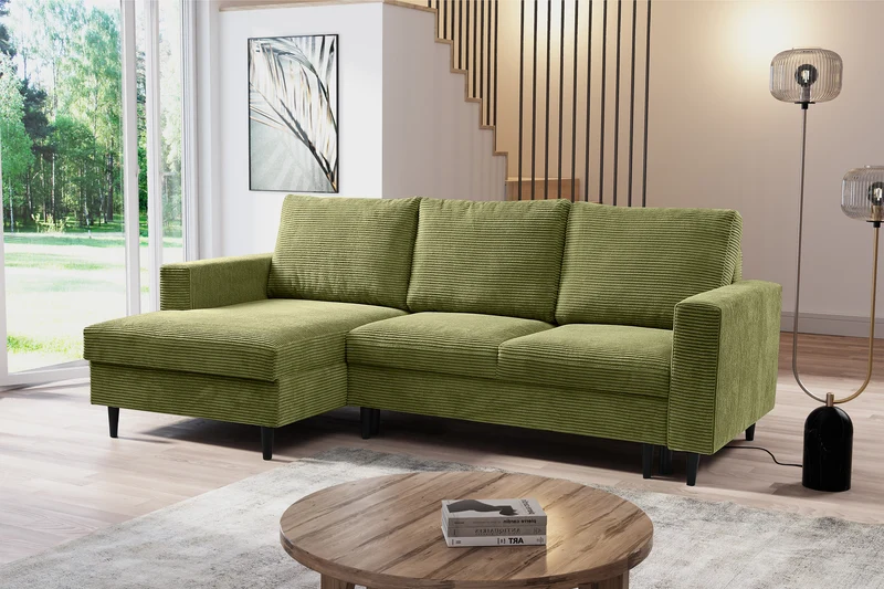 Ecksofa mit Schlaffunktion Nalika, L-förmig, mit Stauraum, pistaziengrüner Cordstoff, linksseitig