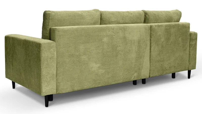 Ecksofa mit Schlaffunktion Nalika, L-förmig, mit Stauraum, pistaziengrüner Cordstoff, linksseitig