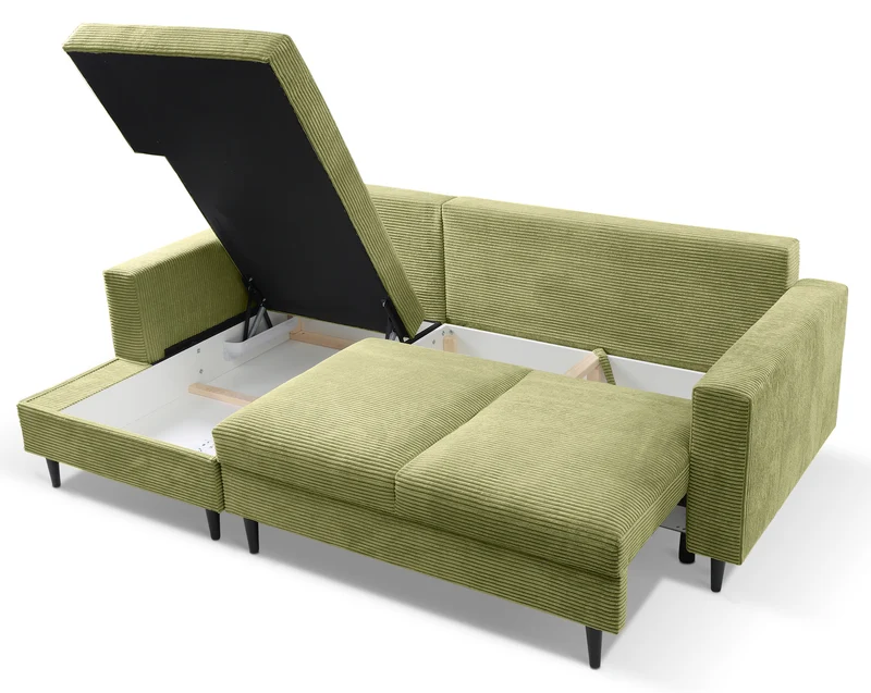 Ecksofa mit Schlaffunktion Nalika, L-förmig, mit Stauraum, pistaziengrüner Cordstoff, linksseitig