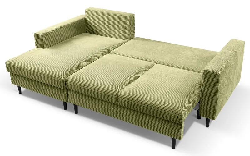 Ecksofa mit Schlaffunktion Nalika, L-förmig, mit Stauraum, pistaziengrüner Cordstoff, linksseitig