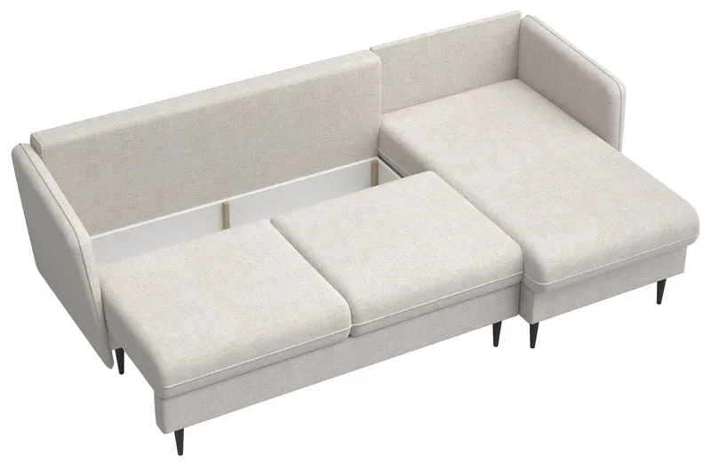 Ecksofa mit Schlafunktion Volio, L-förmig, hellbeige Chenille, schwarze Beine