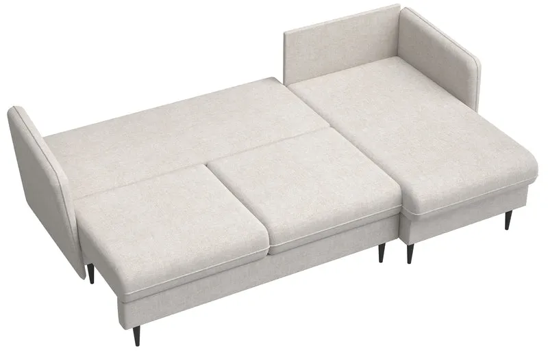 Ecksofa mit Schlafunktion Volio, L-förmig, hellbeige Chenille, schwarze Beine