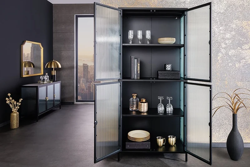 Moderner Vitrinen-Schrank TRIADO 180cm schwarz Metall Riffelglas