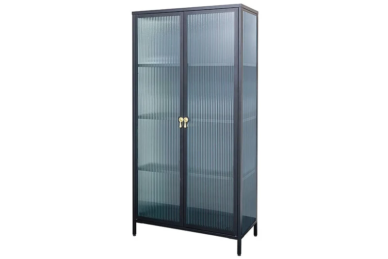 Moderner Vitrinen-Schrank TRIADO 160cm schwarz Metall Riffelglas