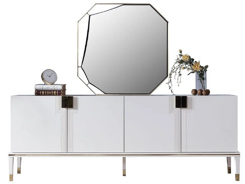 Casa Padrino Luxus Möbel Set Weiß / Gold - 1 Sideboard mit 4 Türen & 1 Spiegel - Moderne Massivholz Möbel - Luxus Kollektion