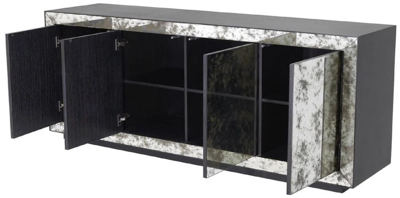 Casa Padrino Luxus Sideboard Anthrazitgrau / Antikes Spiegelglas 200 x 49,5 x H. 79 cm - Massivholz Schrank mit 4 verspiegelten Türen - Luxus Qualität