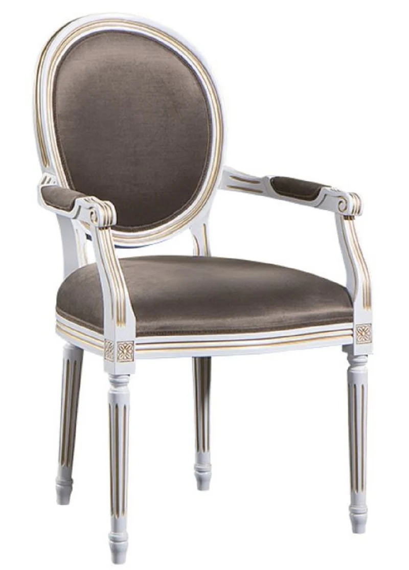 Casa Padrino Luxus Barock Esszimmerstuhl mit Armlehnen Weiß / Gold / Grau 59 x 43,5 x H. 98 cm - Esszimmermöbel im Barockstil