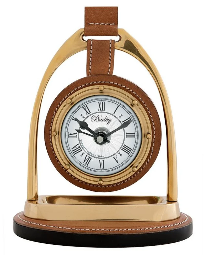 Casa Padrino Designer Uhr mit Büffelleder und Kompas auf der Rückseite 17 x 12,5 H. 21 cm - Luxus Tischuhr