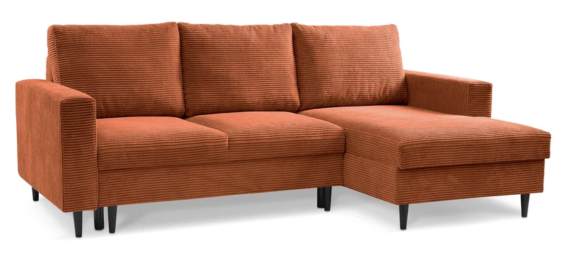 Ecksofa mit Schlaffunktion Nalika, L-förmig, mit Stauraum, kupferfarbener Cordstoff, rechtsseitig