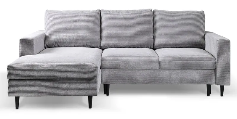 Ecksofa mit Schlaffunktion Nalika, L-förmig, mit Stauraum, hellgrauer Cordstoff, linksseitig