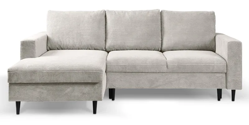 Ecksofa mit Schlaffunktion Nalika, L-förmig, mit Stauraum, hellbeiger Cord, linksseitig