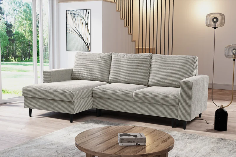 Ecksofa mit Schlaffunktion Nalika, L-förmig, mit Stauraum, hellbeiger Cord, linksseitig