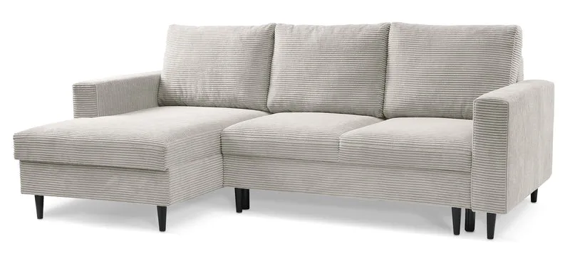 Ecksofa mit Schlaffunktion Nalika, L-förmig, mit Stauraum, hellbeiger Cord, linksseitig