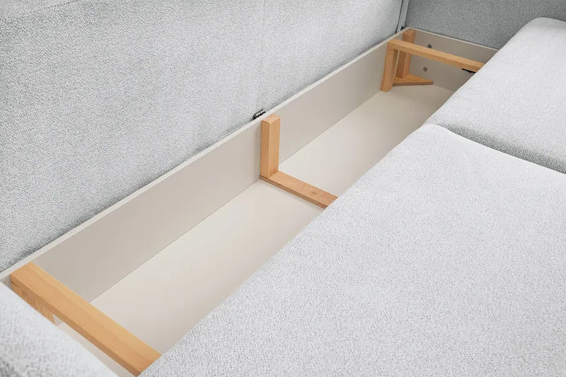 Dreisitziges ausklappbares Sofa Ovally mit Stauraum, hellgrauer Chenillestoff