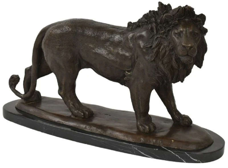 Casa Padrino Luxus Bronze Skulptur Löwe Bronzefarben / Schwarz 49 x 16 x H. 31 cm - Bronzefigur mit Marmorsockel - Dekofigur - Deko Accessoires - Luxus Kollektion