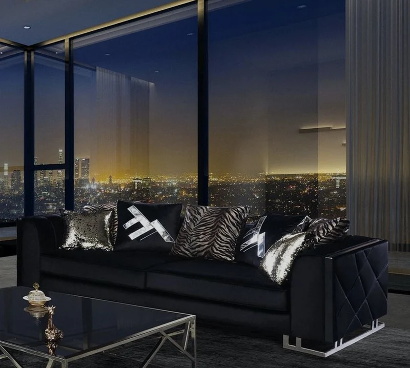 Casa Padrino Luxus Wohnzimmer Sofa mit dekorativen Kissen Schwarz / Silber 237 x 96 x H. 66 cm - Luxus Wohnzimmer Möbel