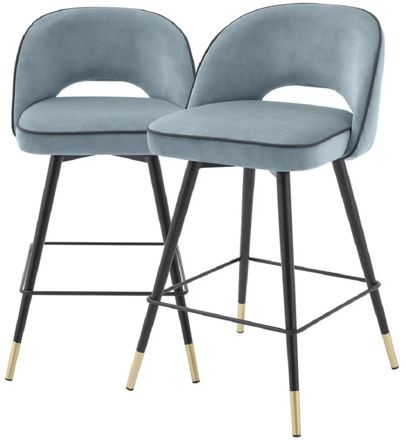 Casa Padrino Luxus Barstuhl Set Blau / Schwarz / Messingfarben 51 x 52 x H. 103 cm - Barstühle mit drehbarer Sitzfläche und edlem Samtsoff - Luxus Bar Möbel