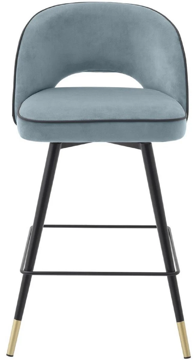 Casa Padrino Luxus Barstuhl Set Blau / Schwarz / Messingfarben 51 x 52 x H. 103 cm - Barstühle mit drehbarer Sitzfläche und edlem Samtsoff - Luxus Bar Möbel