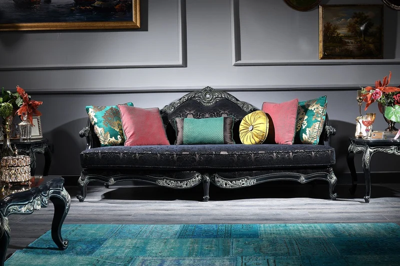 Casa Padrino Luxus Barock Sofa Schwarz / Grün / Gold 240 x 88 x H. 105 cm - Wohnzimmermöbel im Barockstil
