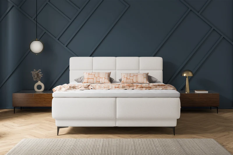 Kontinentales Bett 180x200 cm Rektango mit Stauraum und Topper, cremefarbener Samt