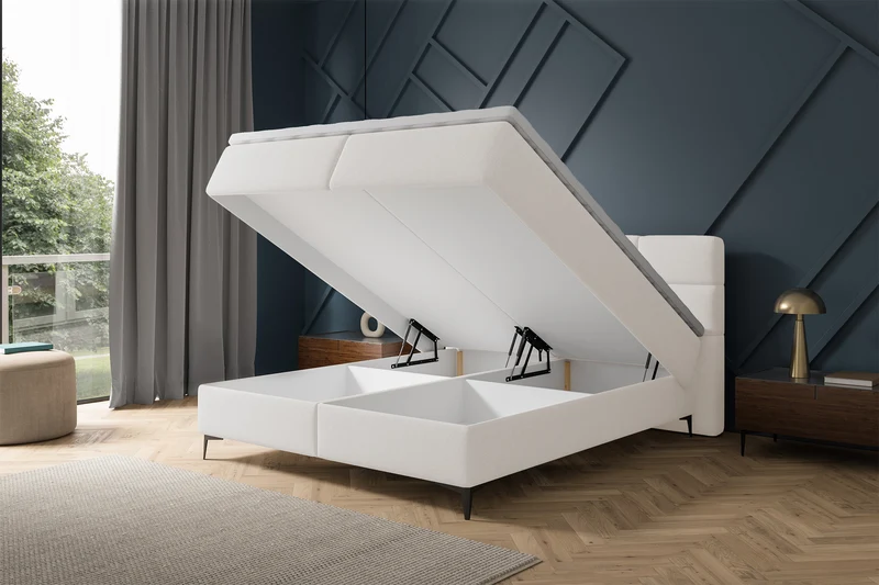 Kontinentales Bett 180x200 cm Rektango mit Stauraum und Topper, cremefarbener Samt