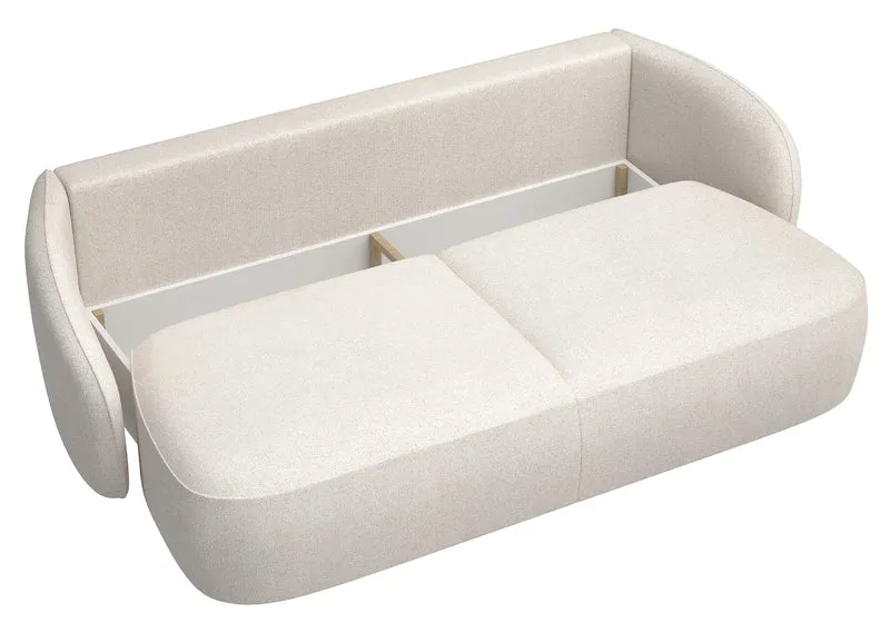 Dreisitziges ausklappbares Sofa Savoy mit Stauraum, cremefarbener hydrophober Chenillestoff