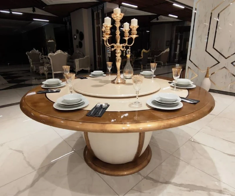 Casa Padrino Luxus Barock Esstisch Cremefarben / Gold - Runder Massivholz Esszimmertisch mit drehbarem Mittelteil - Edle Barock Hotel & Restaurant Möbel