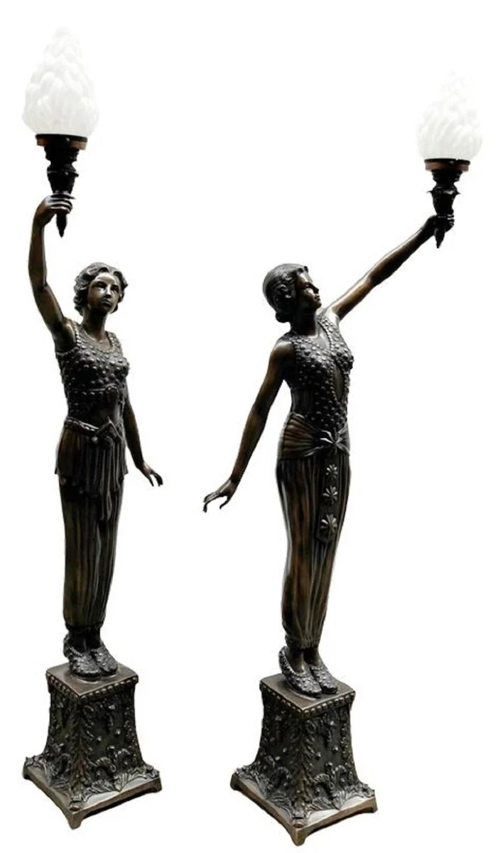 Casa Padrino Luxus Barock Stehleuchten Damen mit Fakeln Bronzefarben / Weiß 65 x 30 x H. 190 cm - Elegante Bronze Deko Skulpturen - Prunkvolle Barock Bronze Leuchten