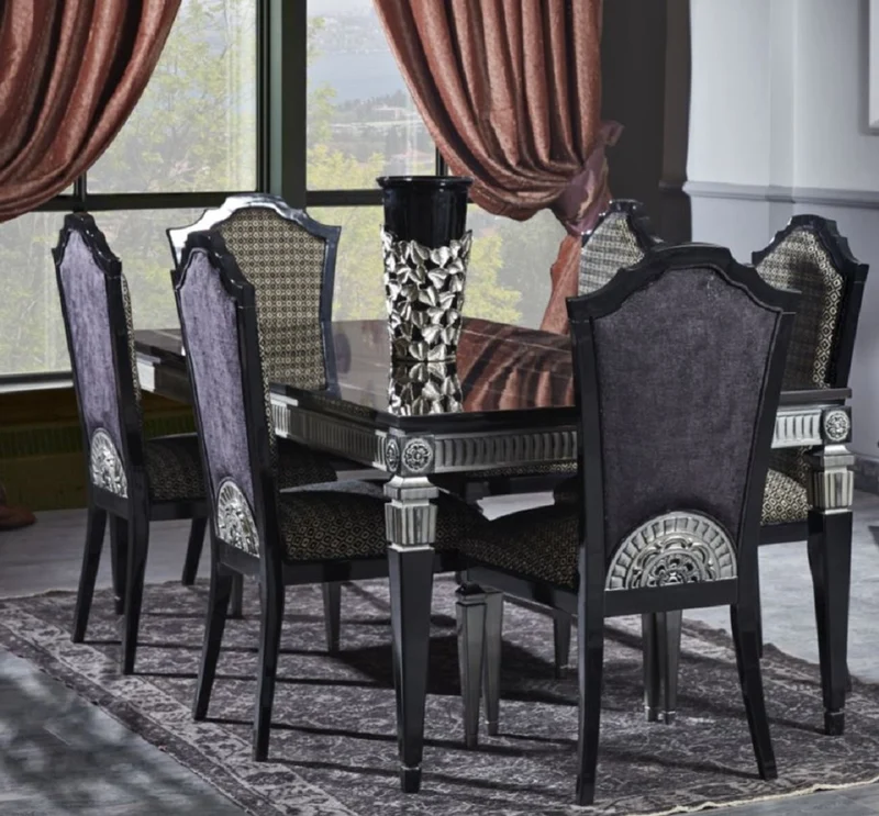 Casa Padrino Luxus Barock Esstisch Schwarz / Silber - Edler Massivholz Esszimmertisch - Prunkvolle Barock Esszimmer Möbel