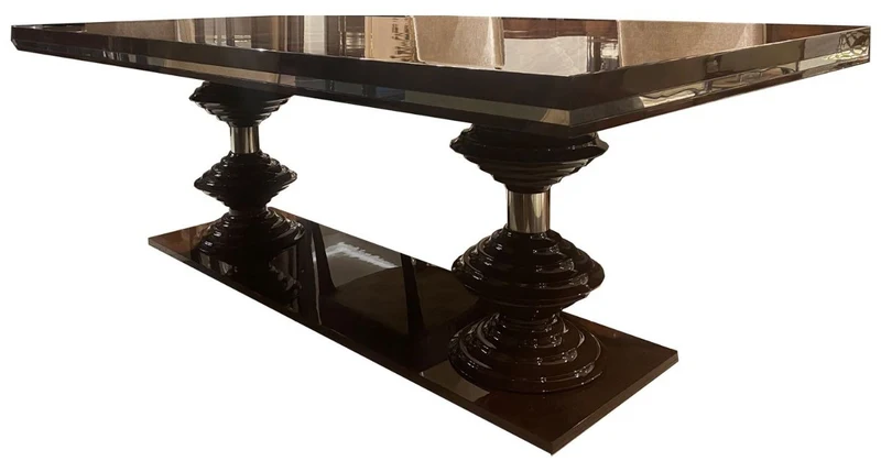 Casa Padrino Luxus Art Deco Esstisch Dunkelbraun Hochglanz / Gold 220 x 110 x H. 78 cm - Edler Esszimmertisch - Küchentisch - Art Deco Esszimmer Möbel