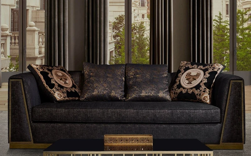 Casa Padrino Luxus Wohnzimmer Sofa mit dekorativen Kissen Schwarz / Gold 238 x 97 x H. 72 cm - Luxus Möbel