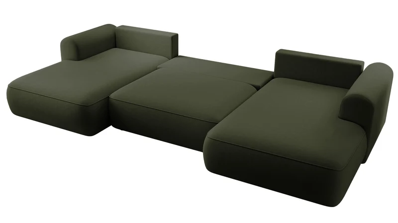 Ecksofa mit Schlaffunktion Ovo U-förmig mit Stauraum, olivgrüner, pflegeleichter Samt, universell einsetzbar