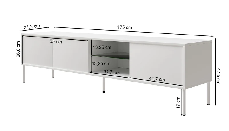 Drehtüriger TV-Schrank Modity mit Glasablage und Beleuchtung, 175 cm, weiß