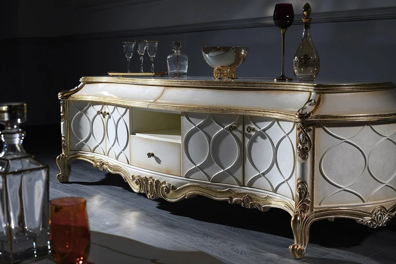 Casa Padrino Luxus Barock Fernsehschrank Weiß / Antik Gold 242 x 65 x H. 70 cm - Prunkvoller Barock Wohnzimmerschrank mit 4 Türen und 3 Schubladen