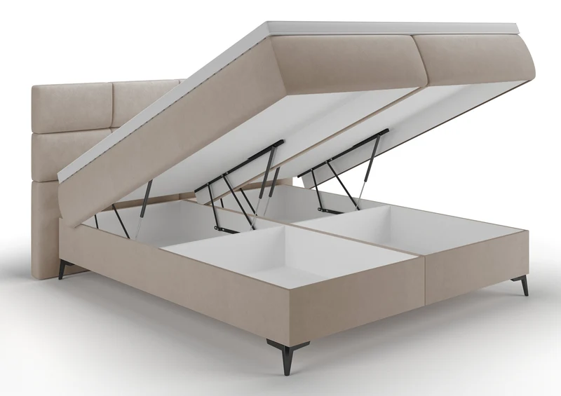 Kontinentales Bett 160x200 cm Rektango mit Stauraum und Topper, beiger Samt
