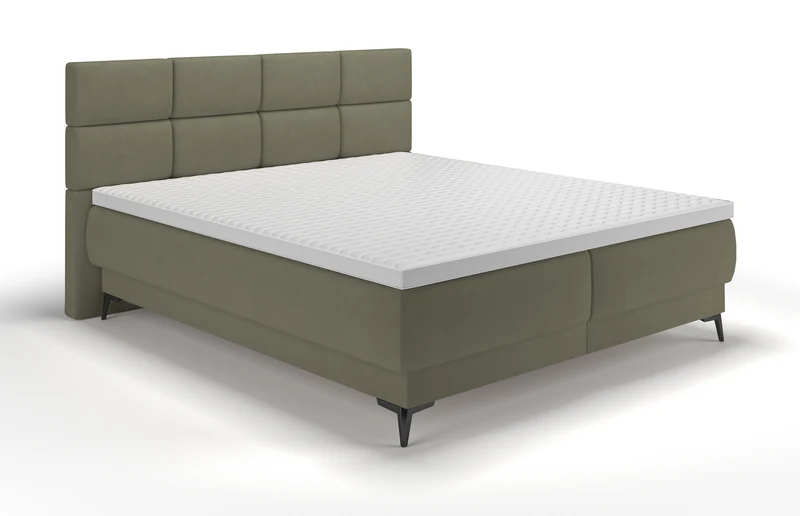 Kontinentalbett 160x200 cm Rektango mit Stauraum und Topper, olivgrüner Samt